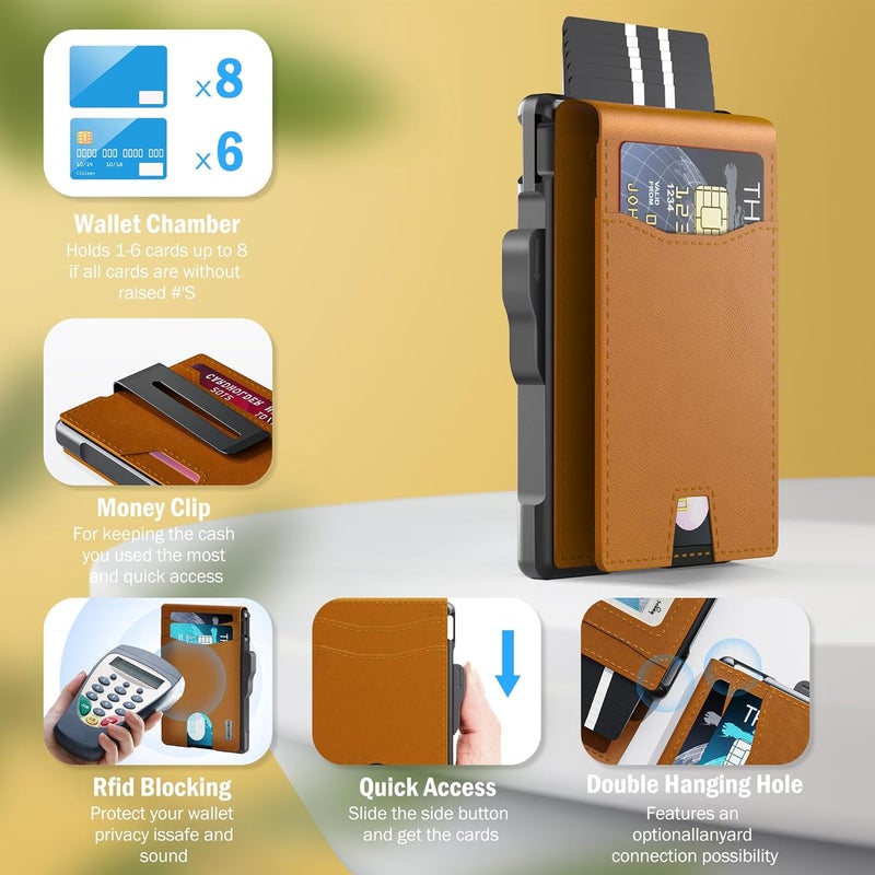 umoven Wallet for Men - Slim Leather RFID Blocking Bifold Minimalist Wallet with Metal Pop-Up Card Holder, Money Clip, Credit Card Slots - Men's Wallet, Saffron Yellow - Image 2